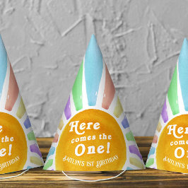 Hier komt die! Retro Boho Sun 1e verjaardag Feesthoedjes