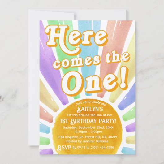 Hier komt die! Retro Boho Sun 1e verjaardag Kaart (Voorkant)