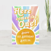 Hier komt die! Retro Boho Sun 1e verjaardag Kaart (Voorkant)