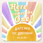 Hier komt die! Retro Boho Sun 1e verjaardag Kartonnen Onderzetters (Voorkant)