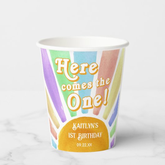 Hier komt die! Retro Boho Sun 1e verjaardag Papieren Bekers (Achterkant)