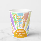 Hier komt die! Retro Boho Sun 1e verjaardag Papieren Bekers (Voorkant)