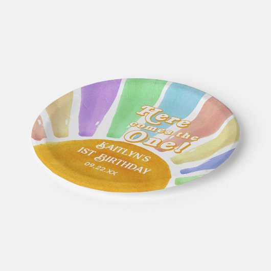 Hier komt die! Retro Boho Sun 1e verjaardag Papieren Bordje (Gekanteld)