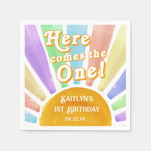Hier komt die! Retro Boho Sun 1e verjaardag Servet (Voorkant)