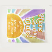 Hier komt die! Retro Boho Sun 1e verjaardag Wandkleed (Voorkant (horizontaal))