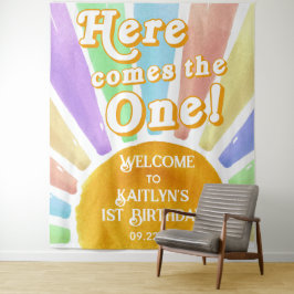 Hier komt die! Retro Boho Sun 1e verjaardag Wandkleed