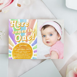 Hier komt die! Retro Sun 1e Verjaardag Foto Kaart