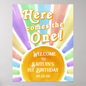 Hier komt die! Retro Sun 1e Verjaardag Welkom Poster (Voorkant)