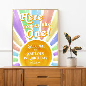 Hier komt die! Retro Sun 1e Verjaardag Welkom Poster