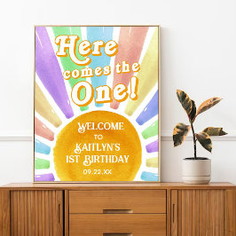 Hier komt die! Retro Sun 1e Verjaardag Welkom Poster