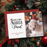 Hier komt een kerstfoto van de kerstman van de ker feestdagenkaart<br><div class="desc">Eenvoudig hier komt de kerstman met kersthond Kaart voor feestdagen. Stuur dit jaar een leuke,  persoonlijke fotokaart van de hond of kat naar vrienden en familie voor het vakantieseizoen. Voeg eenvoudig jouw naam en eigen foto toe om het uw te maken.</div>