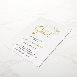 Hier komt het Baby shower Son Boho Sun Folie Uitnodiging