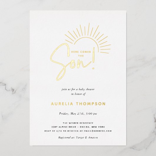 Hier komt het Baby shower Son Boho Sun Folie Uitnodiging (Voorkant)