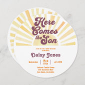 Hier komt het Baby shower Son Groovy Summer 70 s Kaart (Voorkant / Achterkant)