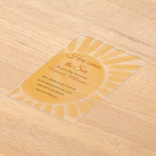Hier komt het Baby shower Son Sunshine Ray Yellow Acryl Uitnodigingen (Laagn)