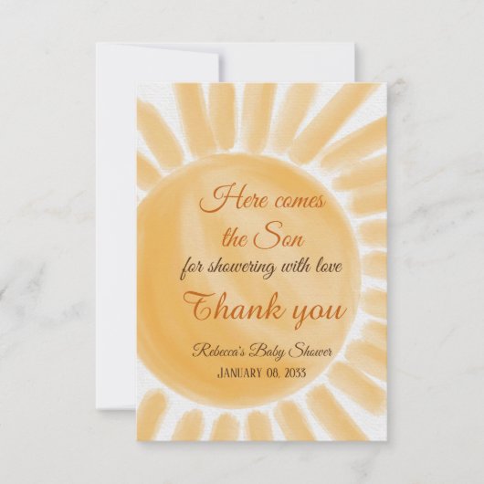 Hier komt het Baby shower Son Sunshine Ray Yellow Bedankkaart (Voorkant)