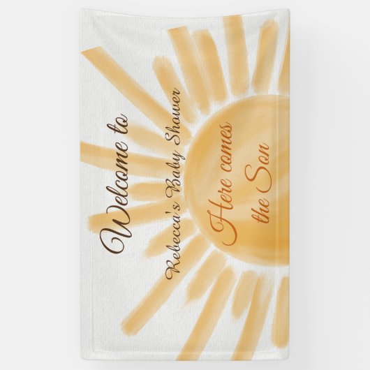Hier komt het Baby shower Son Sunshine Ray Yellow Spandoek (Verticaal)