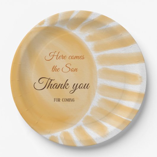 Hier komt het Baby shower Son Sunshine Yellow Ray Papieren Bordje (Voorkant)