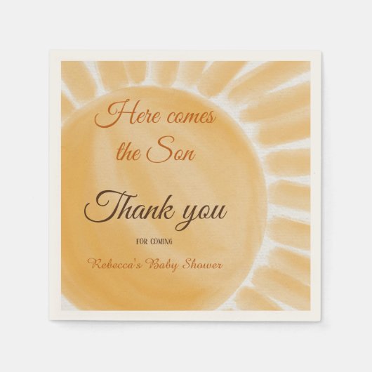 Hier komt het Baby shower Son Sunshine Yellow Ray Servet (Voorkant)