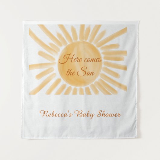 Hier komt het Baby shower Son Sunshine Yellow Ray Wandkleed (Voorkant)