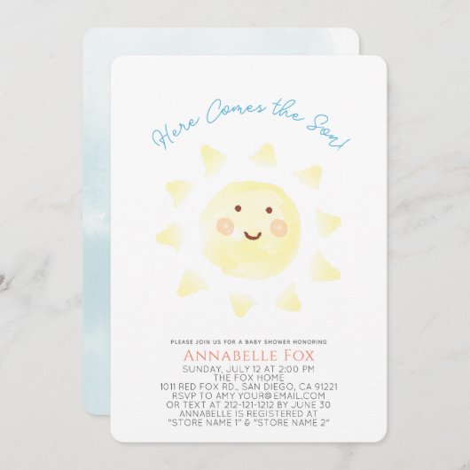 Hier komt het Baby shower Son Waterverf Boy. Kaart (Voorkant / Achterkant)