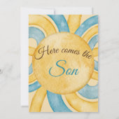 Hier komt het Baby shower Son Yellow Blue Rays Kaart (Achterkant)