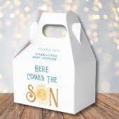 Hier komt het Baby shower van de jongen Bedankdoosjes