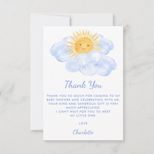 Hier komt het Baby shower van de jongen Bedankkaart (Voorkant)