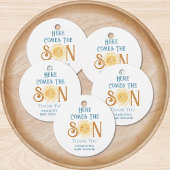 Hier komt het Baby shower van de jongen, dank je Bedankjes Labels