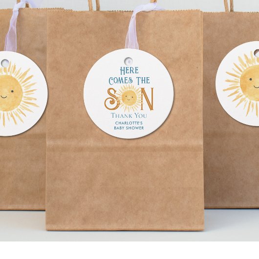 Hier komt het Baby shower van de jongen, dank je Bedankjes Labels