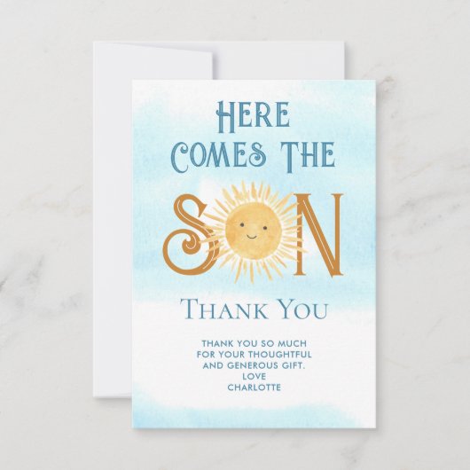 Hier komt het Baby shower van de jongen, dank je Bedankkaart (Voorkant)