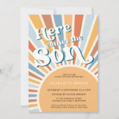 Hier komt het Baby shower van de jongen Kaart (Voorkant)