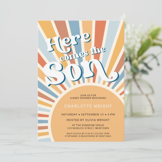 Hier komt het Baby shower van de jongen Kaart (Staand voorkant)