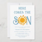 Hier komt het Baby shower van de jongen Kaart (Voorkant)