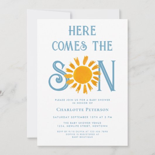 Hier komt het Baby shower van de jongen Kaart (Voorkant)