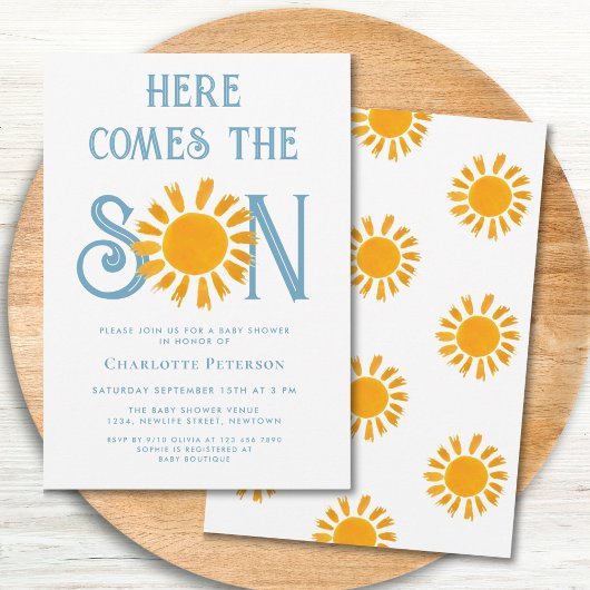 Hier komt het Baby shower van de jongen Kaart