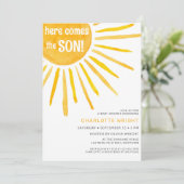 Hier komt het Baby shower van de jongen Kaart (Staand voorkant)