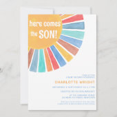 Hier komt het Baby shower van de jongen Kaart (Voorkant)