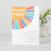 Hier komt het Baby shower van de jongen Kaart (Staand voorkant)