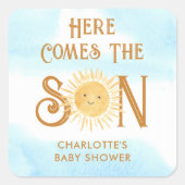 Hier komt het Baby shower van de jongen Vierkante Sticker (Voorkant)