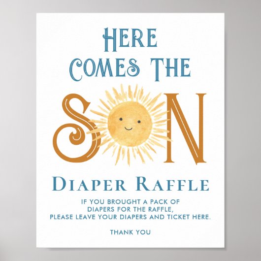 Hier komt het Baby shower van de Son Diaper Raffle Poster (Voorkant)