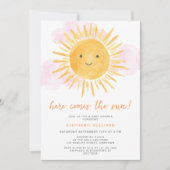 Hier komt het Baby shower van de Sun Girl Kaart (Voorkant)