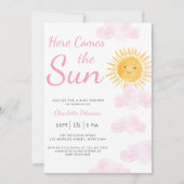 Hier komt het Baby shower van de Sun Girl Kaart (Voorkant)