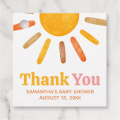 Hier komt het Baby shower van de zon Bedankjes Labels (Voorkant)