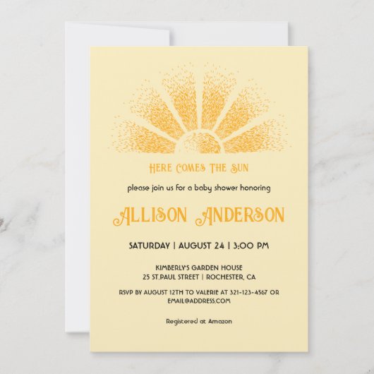Hier komt het Baby shower van de zon Kaart (Voorkant)