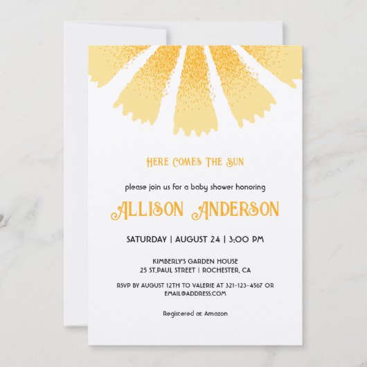 Hier komt het Baby shower van de zon Kaart (Voorkant)