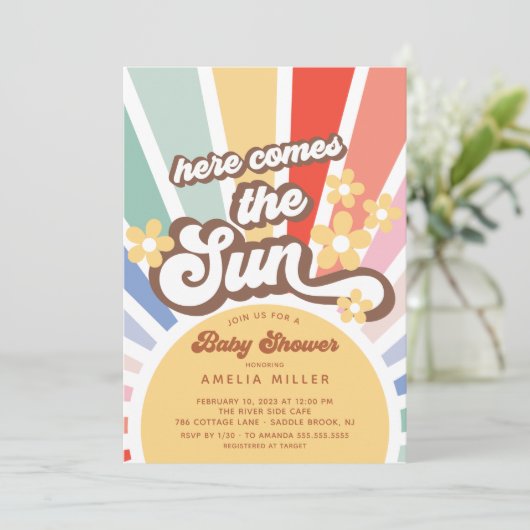 Hier komt het Baby shower van de zon Kaart (Staand voorkant)
