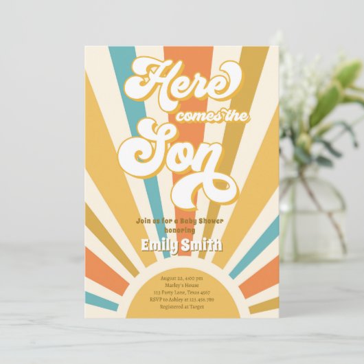 Hier komt het Baby shower van de Zonneeuwjongen-re Kaart (Staand voorkant)