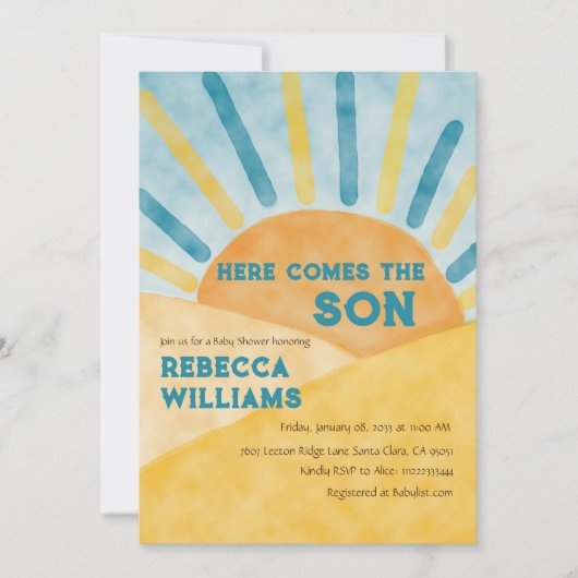 Hier komt het Baby shower van de Zonneonne Zoon va Kaart (Voorkant)