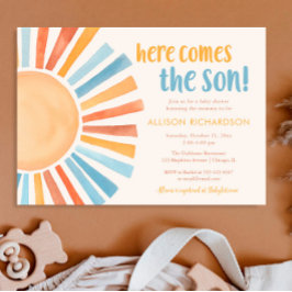 Hier komt het baby shower van de zonneschijnjongen kaart